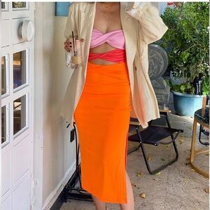 Strapless Cut-Out Twist Front Bandeau Dress in Orange Sorbet Hollow Out NWOT